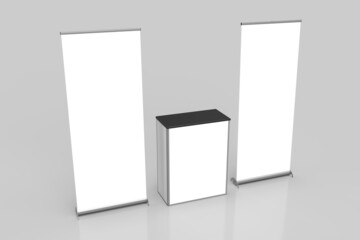 Two White Pullup Banner Exhibition Displays and Point of Sale Table in the middle Isolated on a grey background, Left Perspective View, for mockup and illustration purposes. 3D Render illustration