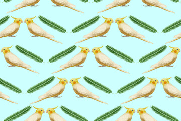 Seamless Pattern with hand-drawn Cockatiel and palm leaves, digitally colored