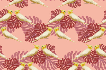 Seamless Pattern with hand-drawn Cockatiel and palm leaves, digitally colored