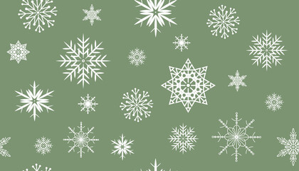 White snowflakes on green background, seamless pattern