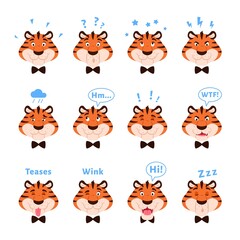 Cartoon cute tigers head collection with facial expressions. Happy striped emotional wild cats isolated on white background. Flat adorable animal portrait with emotion. Kids design vector illustration