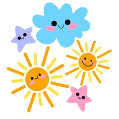 Set kids cartoon pattern with sun, clouds and stars on white background for wallpaper 
