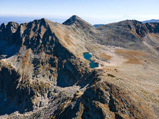 Aerial view of Polezhan peak and Upper Gazey Lake, Pirin Mountain, Bulgaria