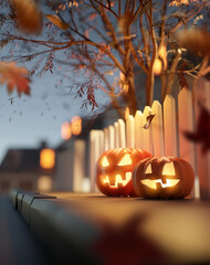 Glowing Jack O Lantern Halloween pumpkin decorations at dusk outside on a suburban street pavement....