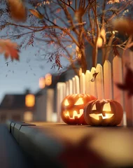 Foto auf Glas Glowing Jack O Lantern Halloween pumpkin decorations at dusk outside on a suburban street pavement. 3D illustration. © James Thew