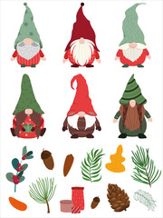 Pattern Little Gnomes Christmas tree branches and cones, acorns and gifts, autumn leaves and mistletoe