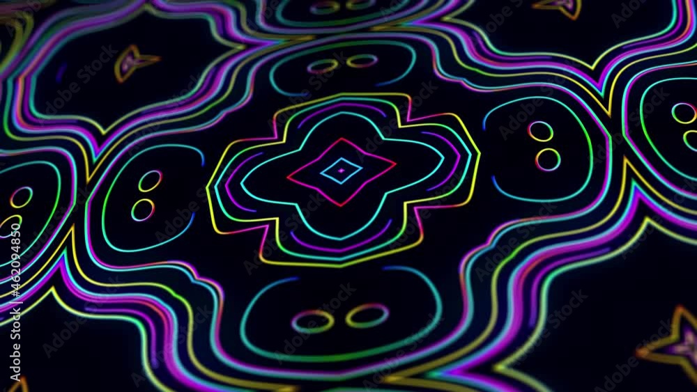 Poster pattern as flower or star. 4k abstract looped bg with grows rainbow colors lines pattern like symmet