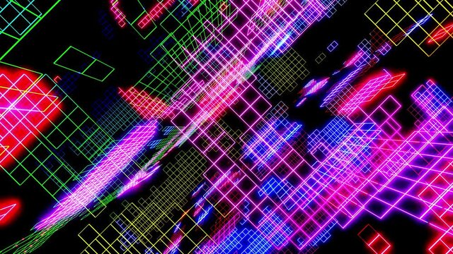 Vj loop abstract sci fi neon light background. Animation neon glow run on wareframes in dark. Abstract sci fi cyber background with neon glow gradient color. Beautiful modern motion graphic bg.