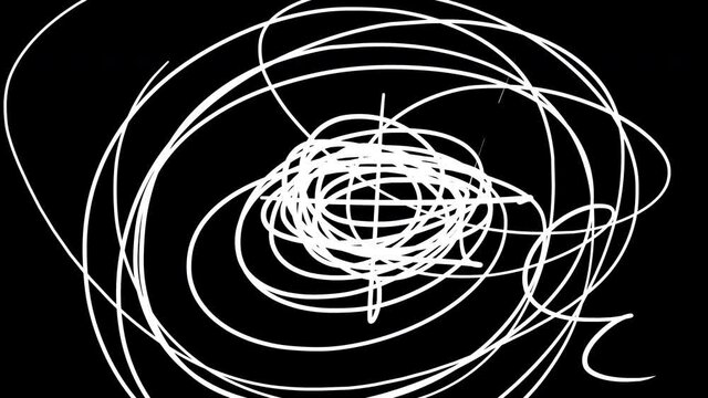 4k doodle animation with sketches and scratches. Stock video of white lines with alpha channel. Whirlwinds, crosses, hooks, emoticons, arrows, target, eyes, 5, drops, mesh, question marks, pattern.