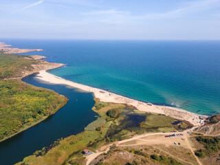 Aerial view of beach at the mouth of the Veleka River, Bulgaria
