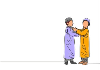 Ramadan Kareem greeting card, banner and poster design background. One continuous line drawing of two young muslim kids hugging to forgive each other. Islamic single line draw vector illustration