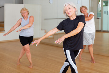 Fototapeta premium Aged women performing dance during their group training in fitness room.