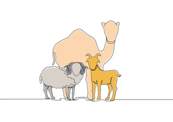 One continuous line drawing of sheep, camel and goat. Muslim holiday the sacrifice an animal to God, Eid al Adha greeting card concept single line draw design illustration