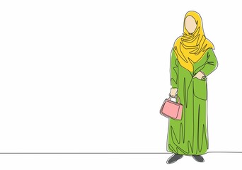 One continuous line drawing of young pretty muslimah on traditional arab cloth carrying pocker bag. Beauty Asian woman model in trendy hijab fashion concept single line draw design vector illustration