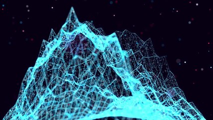 Abstract glow particles form 3d object in space. Vj loop as bg of virtual digital space. Particles form holoram shape as concept of big data, network or vr space. Sci-fi motion design bg. Plane