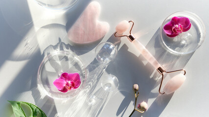 Moisturizer, pink quartz face roller with exotic monstera leaves and orchid flowers. Sunshine, long...
