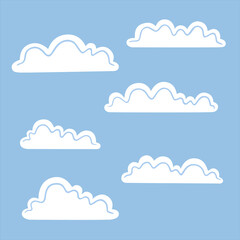 Set of white clouds isolated on blue background. Flat vector illustration