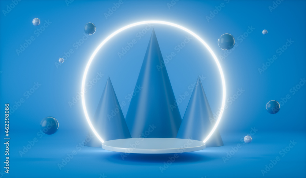 Poster abstract background with a podium with neon light circle for product presentation at blue. 3d render