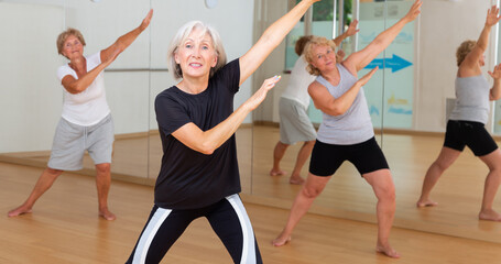 Fototapeta na wymiar Elderly active women practice energetic dancing, engaged in a group lesson in the studio of dance