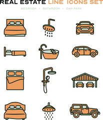 Real Estate line icons set including bed for bedroom bath and shower for bathroom and vehicle for car park