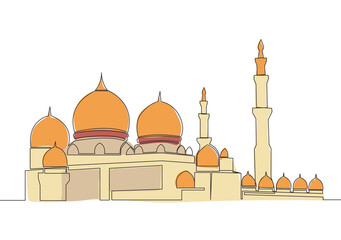 One single line drawing of Islamic historical dome landmark masjid or mosque. Holy place to prayer for Islam people concept continuous line draw design vector illustration