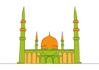 One continuous line drawing of Islamic historical landmark masjid or mosque. The ancient building that works as a place of worship for muslim person concept single line draw design vector illustration