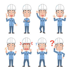 白いヘルメットを被った作業員男性の表情ポーズセット