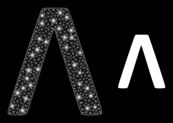 Glossy mesh vector Lambda Greek symbol with glare effect. White mesh, flash spots on a black background with Lambda Greek symbol icon. Mesh and glare elements are placed on different layers.