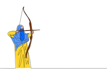 One single line drawing of young beauty saudi arabian muslimah wearing burqa and aiming archery arrow. Traditional Arabian woman niqab cloth concept continuous line draw design vector illustration
