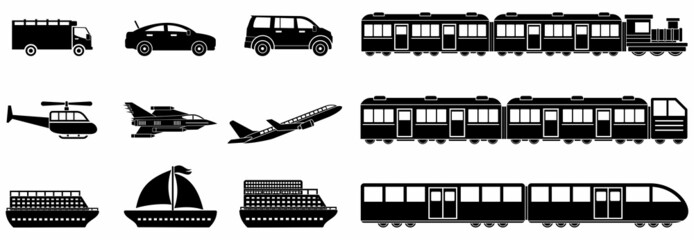 transport icon set, transport vector set, airplane, train, car and ship 