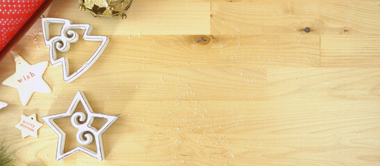 Christmas holiday framed border banner. Wrapping Christmas gifts overhead background with decorated borders and copy space for your text here.