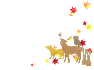 秋の落ち葉と動物のイラスト背景
