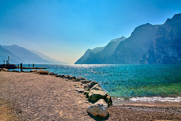 View of the beautiful Lake Garda surrounded by mountains,Riva del garda and Garda lake in the...