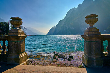 View of the beautiful Lake Garda surrounded by mountains,Riva del garda and Garda lake in the...