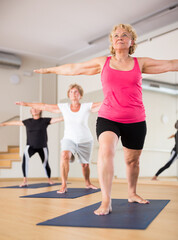 Fototapeta na wymiar Mature women exercising yoga pose during their group training.