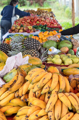 Open-air fair with fruits and vegetables.