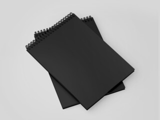 Black Spiral notebook mockup, Dark blank workbook notepad template, 3d rendering isolated on light background