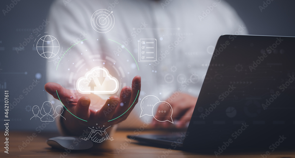 Aufkleber man use Laptop with cloud computing diagram show on hand. Cloud technology. Data storage. Networking and internet service concept.