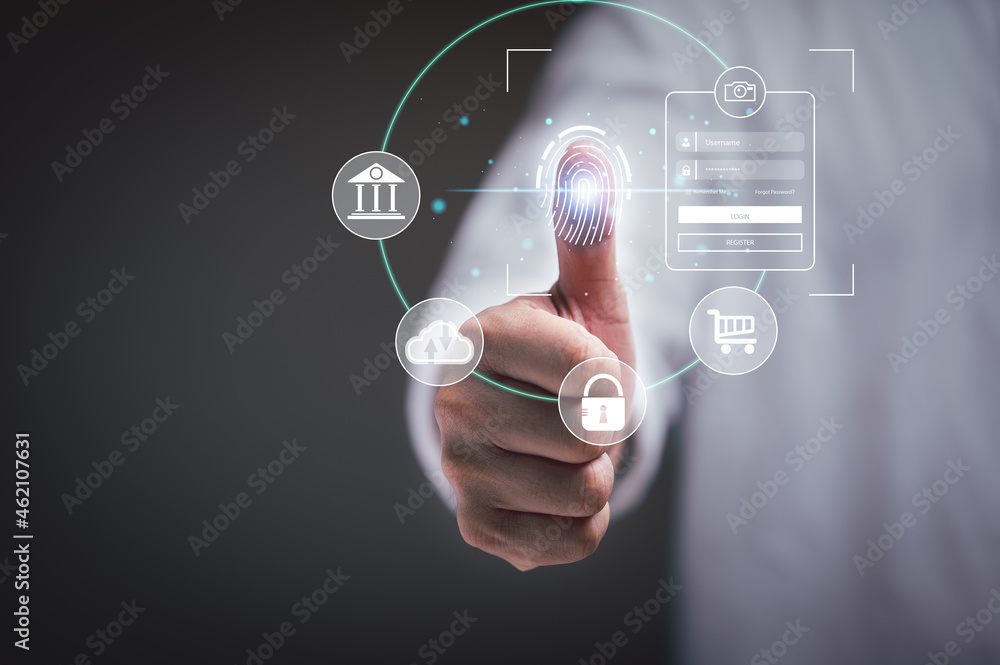 Aufkleber online transactions, businessman touching fingerprint scan provides security login to interface paym