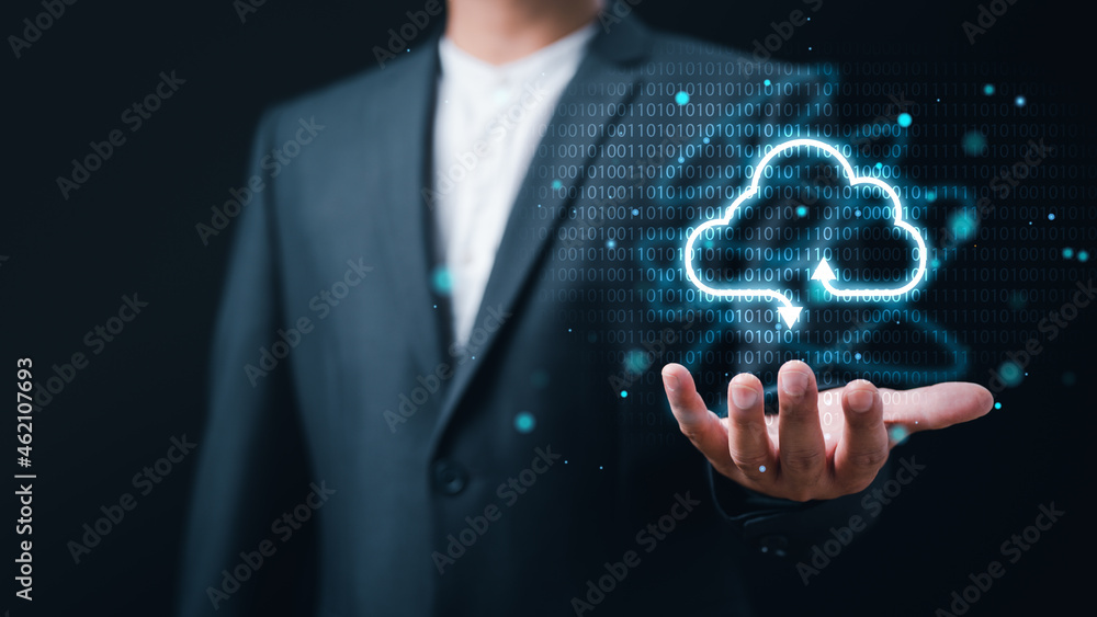 Poster Businessman holding virtual cloud computing to transfer data information and upload download application. Technology transformation concept.