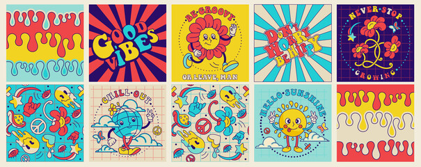 Groovy square seamless pattern, funky poster, 70's stickers . Retro print with hippie motivational slogan. Character concepts of crazy sun, dripping emoticon, fun peace symbol, groovy mushroom. - obrazy, fototapety, plakaty