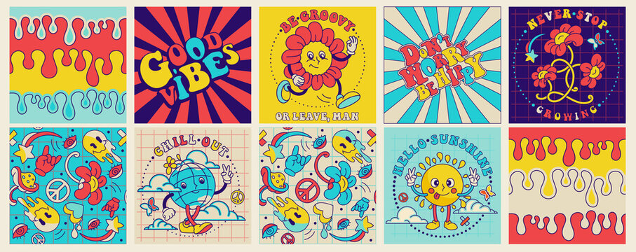 Groovy square seamless pattern, funky poster, 70's stickers . Retro print with hippie motivational slogan. Character concepts of crazy sun, dripping emoticon, fun peace symbol, groovy mushroom.
