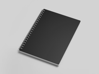Black Spiral notebook mockup, Dark blank workbook notepad template, 3d rendering isolated on light background