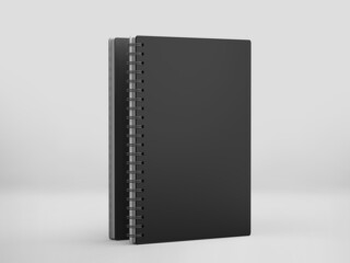 Black Spiral notebook mockup, Dark blank workbook notepad template, 3d rendering isolated on light background