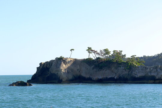 松林の白い岬。大浜海岸付近から撮影した奥松島「シンハマ岬」。日本宮城県東松島市宮戸。