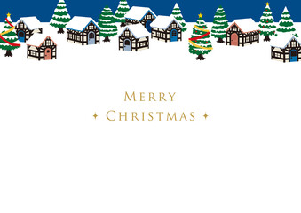 雪景色とクリスマスの街並み　青背景 横 文字あり