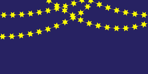 Garland from yellow stars. Blue background. Bright wallpaper. Holiday decoration. Vector illustration. Stock image. EPS 10.