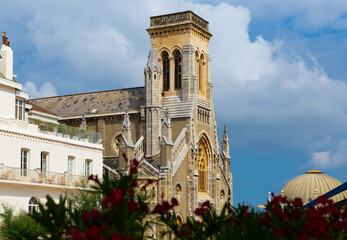 View of impressive Catholic St Eugenie church, Parish of Notre-Dame du Rocher, Biarritz, France