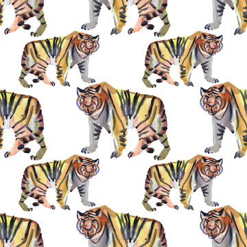 Seamless pattern watercolor hand-drawn abstract tiger wild cat isolated on white. Chinese symbol new year. Orange animal with black stripes. Creative background for celebration, wrapping
