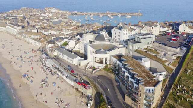 Aerial view over Prothmeor Beach and St Ives. Popular vacation and staycation destinations in Cornwall England